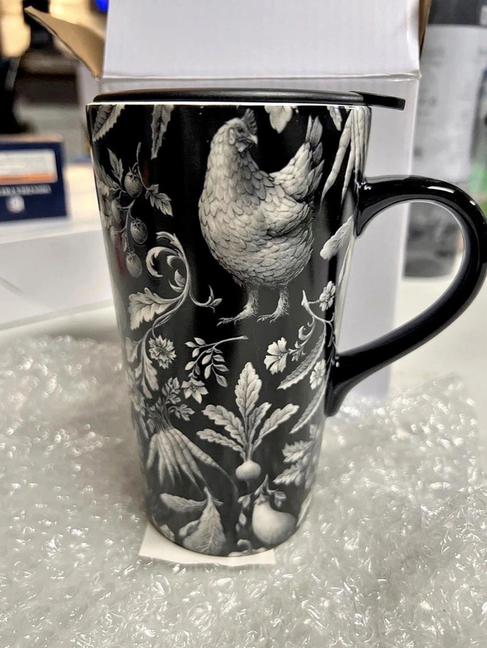 Blue Stallion Chicken Pattern Hand Wash Only Black & White Mug NWT